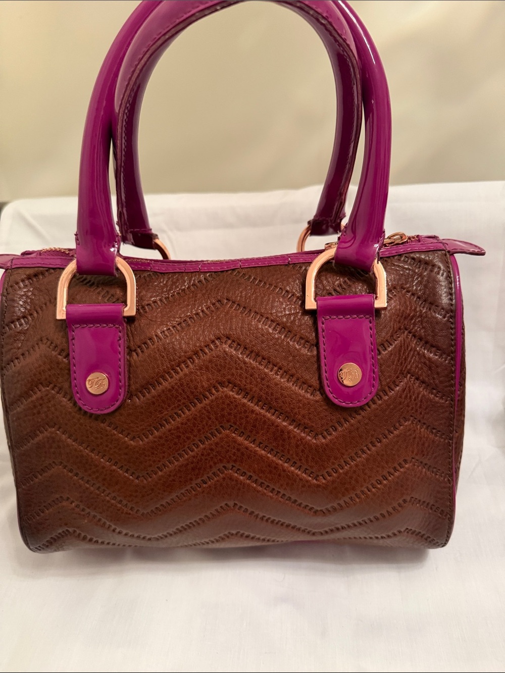 Ted Baker Bag Sleek Brown Chevron Satchel with Fuchsia Handles